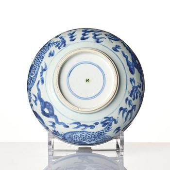 A blue and white four clawed dragon censer, Transition, 17th century.