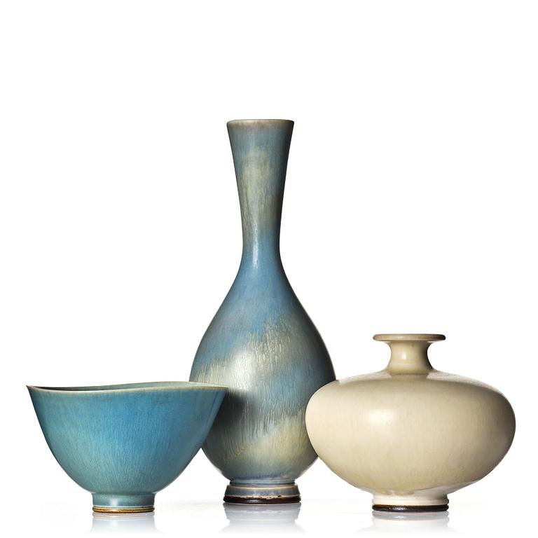 Berndt Friberg, two stoneware vases and a bowl, Gustavsberg studio, Sweden 1955, 1978 and 1979.