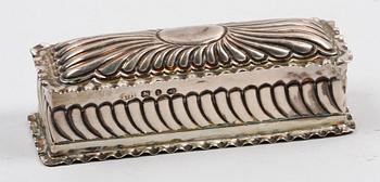 SERVERINGSSKEDAR SAMT DOSA, 6 delar, silver, bla Johan Gustaf Hentzell, Kalmar 1900.
