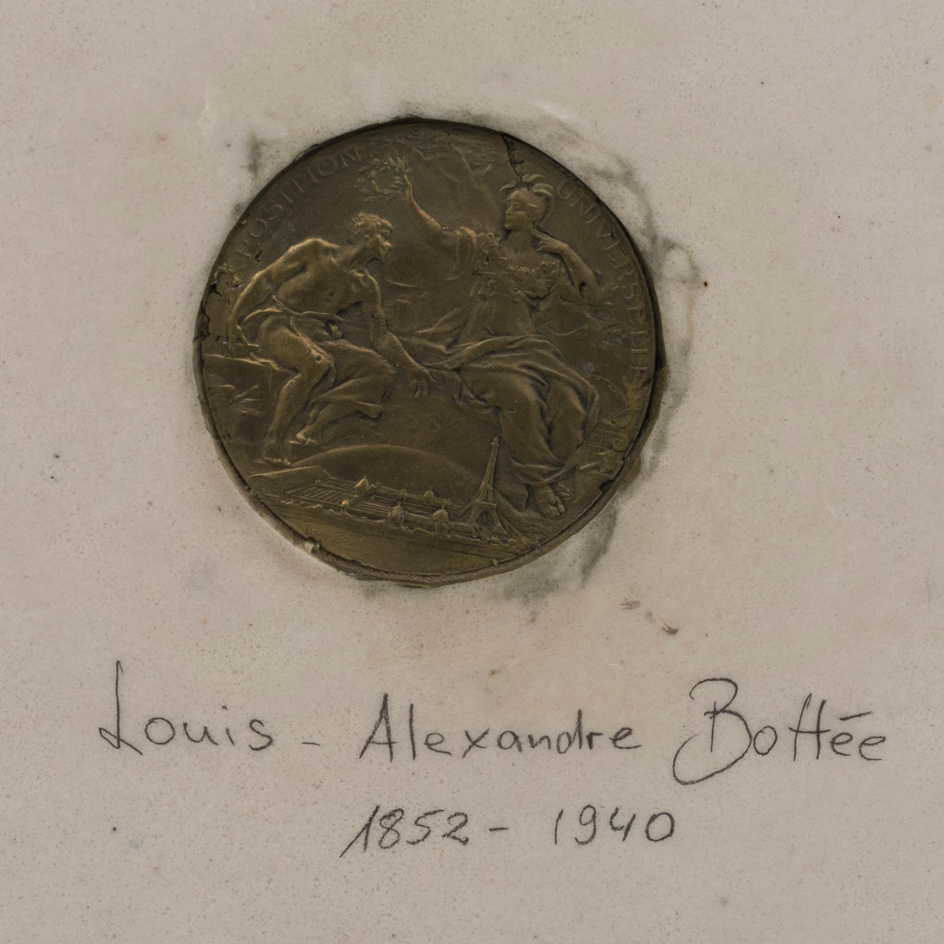 LOUIS ALEXANDRE BOTTEE, after, BISQUIT RELIEF. insert bronze medallion of "Exposition Universelle, 1889".
