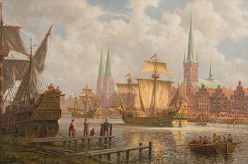 ADOLF BOCK, VIEW OVER TRAVE AND THE HARBOUR IN LÜBECK.