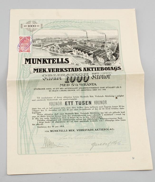 AKTIEBREV, 8 st, samt OBLIGATIONER, 2 st, Sverige, 1900-talets första del.