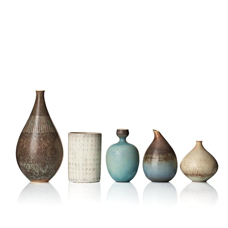 Stig Lindberg, a set of five stoneware vases. Gustavsberg studio, Sweden 1953-56.
