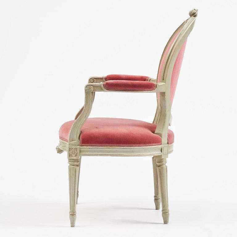 A Gustavian open armchair by J. Malmsten (master in Stockholm 1780-88).