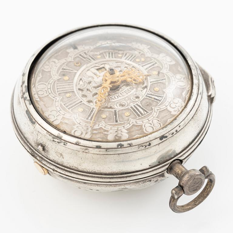 A double-case silver pocket watch by Sam Weldon (watchmaker in London, fl. ca 1740-80).