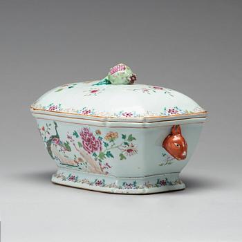 A famille rose 'double peacock' tureen with cover and stand, Qing dynasty, Qianlong (1736-1795).