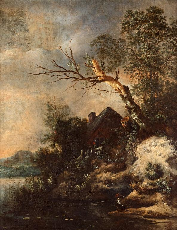 Jan Wynants (Wijnants) Attributed to, Riverlandscape with figures by a cottage.