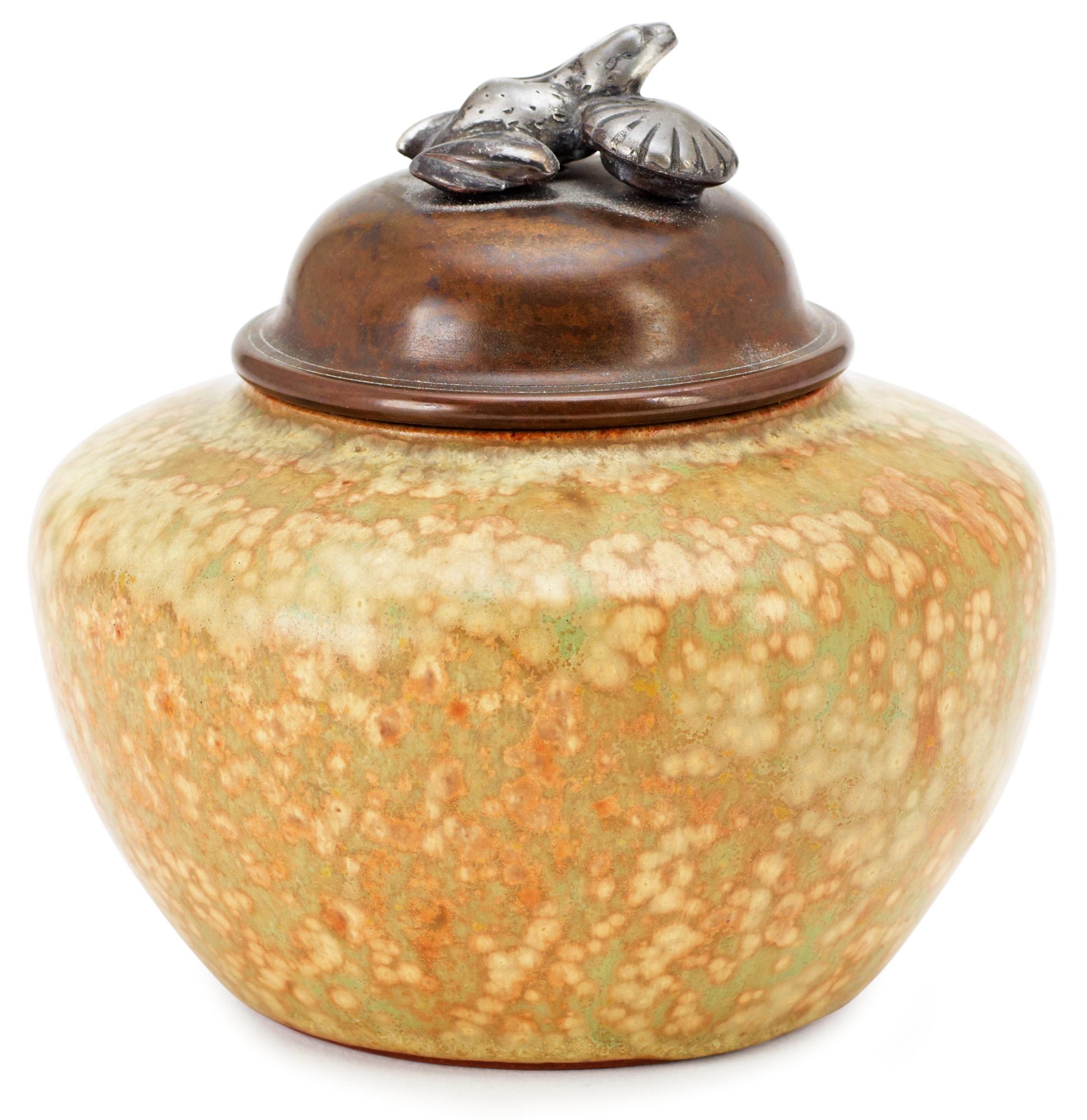 A Patrick Nordström stoneware and patinated bronze lidded urn, Royal Copenhagen, Denmark 1922.