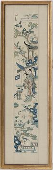 Two framed Chinese textile embroiderieds, late Qing dynasty, circa 1900.