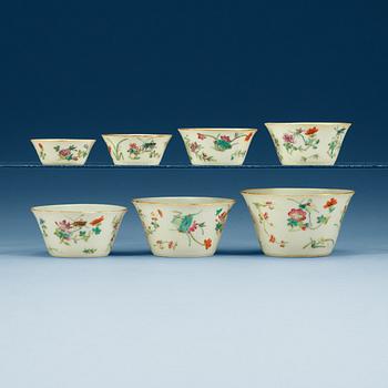 1661. A set of seven famille rose bowls, late Qing dynasty.