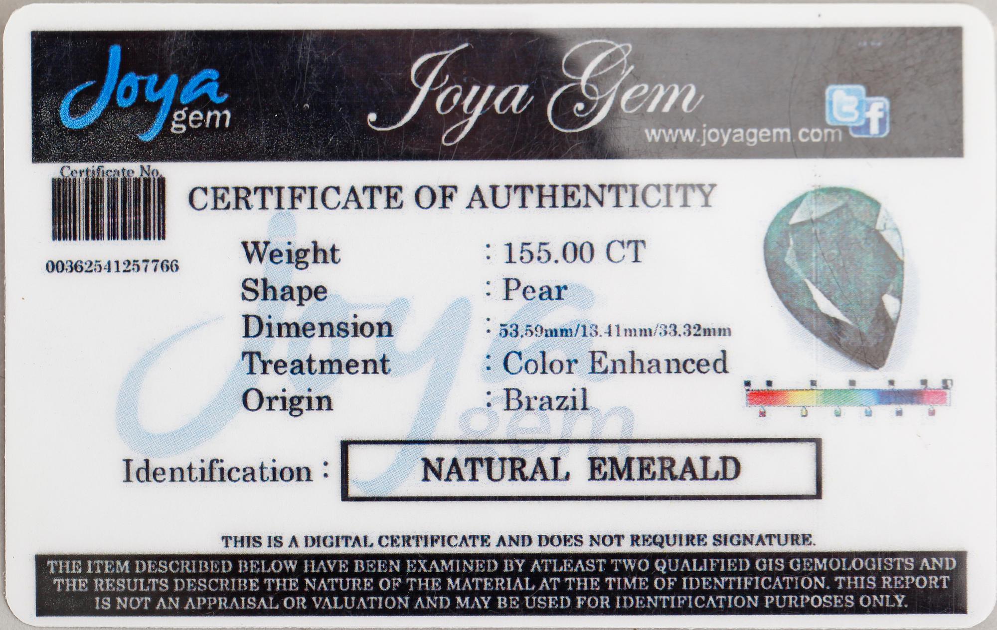 SMARAGD, grön, droppformad fasetterad, ca 155.00 ct.
