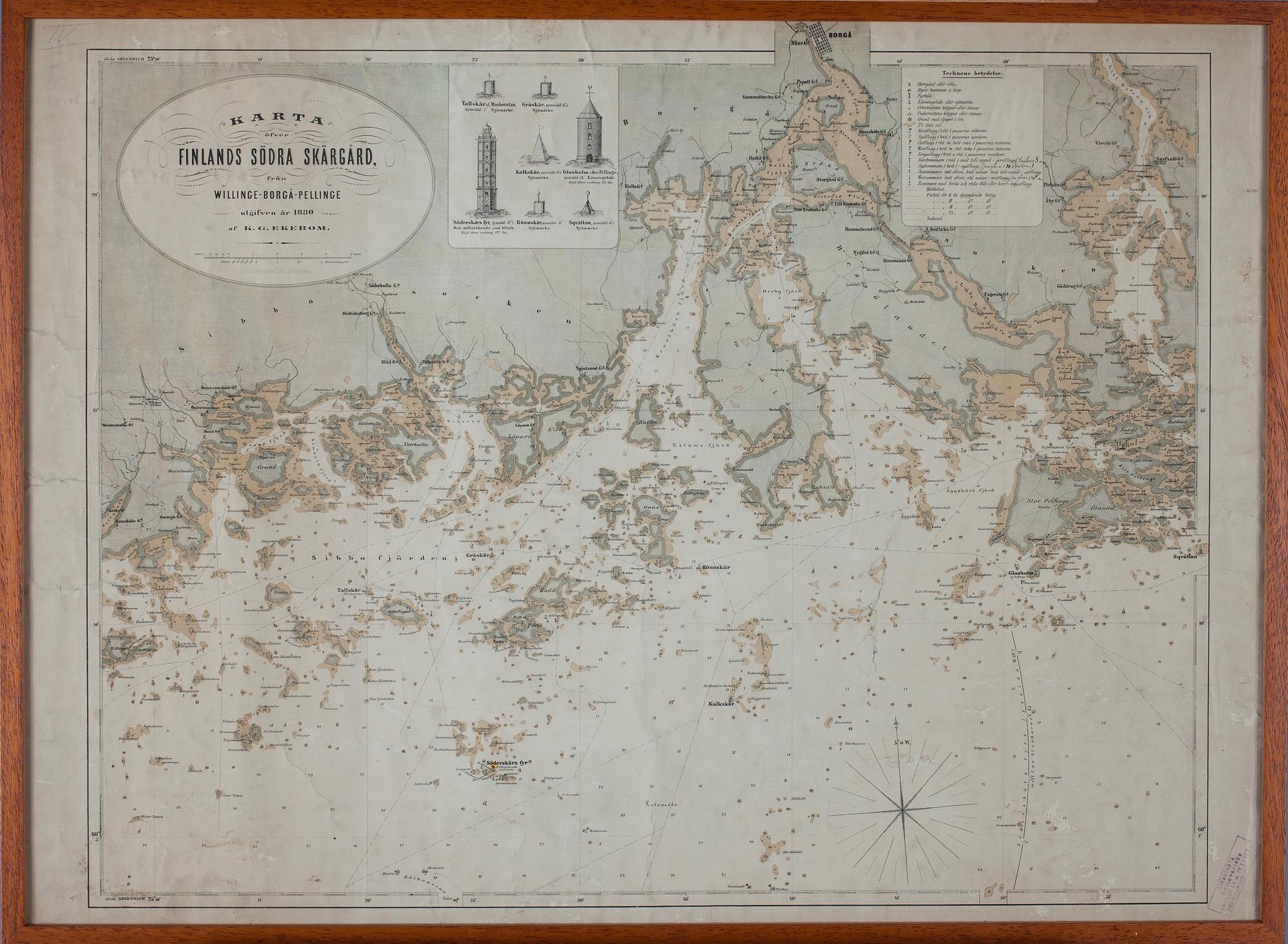 SJÖKORT, karta öfer Finlands södra skärgård från, Willinge, Borgå, Pellinge utgifen år 1880 af K.G Ekebom.