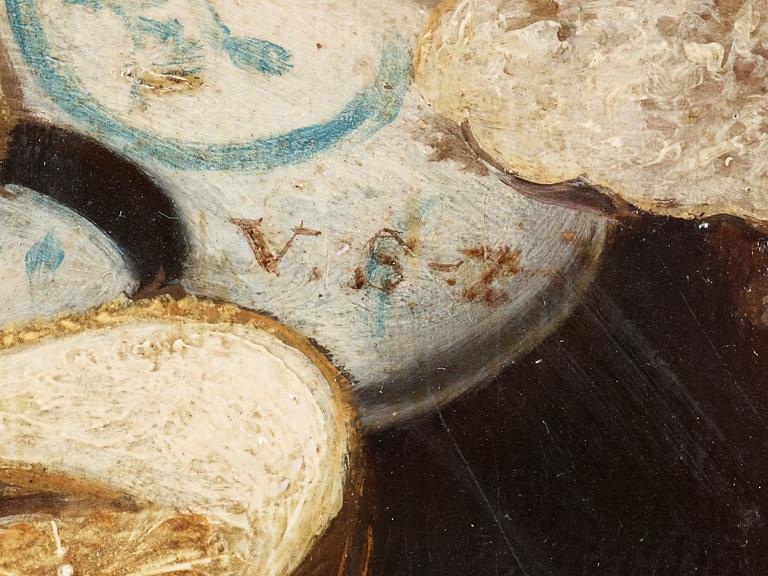 Monogramisten V.S-Z, Still life with plate, bowl, oysters and fruits.