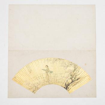 Oidentifierad konstnär, s.k. "Solfjädersmålning", Elegant dam i trädgård, Kina, 1900-tal.