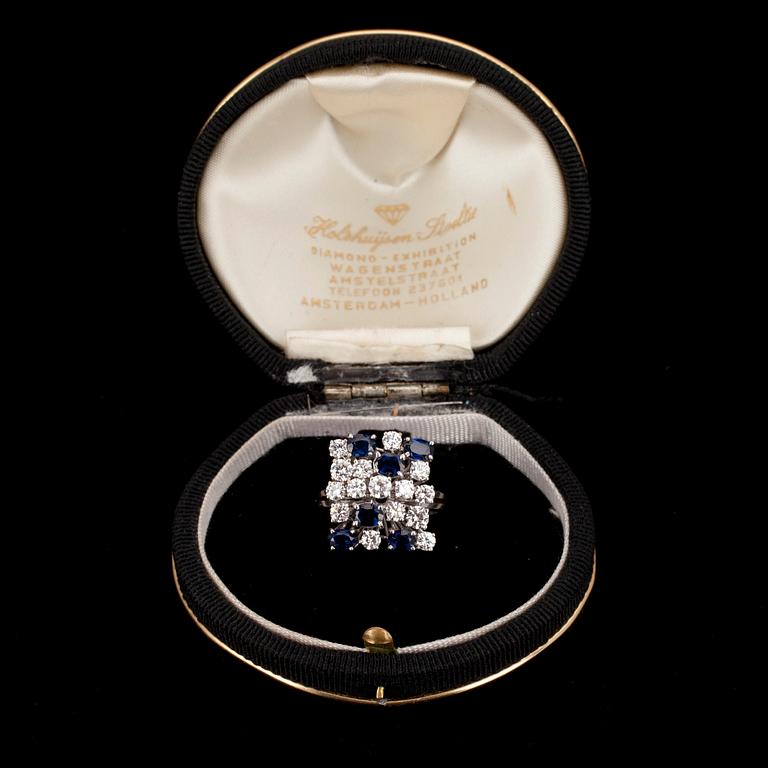 RING. Briljantslipade diamanter ca 1.50 ct. Safirer ca 1.3 ct. 18K vitguld.