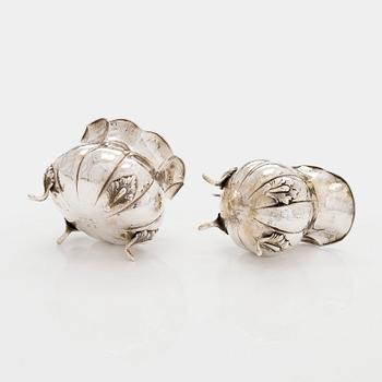 Silver cream jug and sugar bowl, possibly Germany, pseudo marks, import marked Hugo Grün, Helsinki 1931.