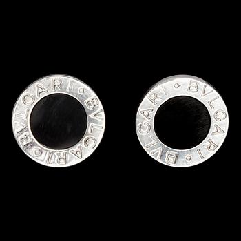 916. A pair of Bulgari 'Bulgari' white gold and onyx earrings.