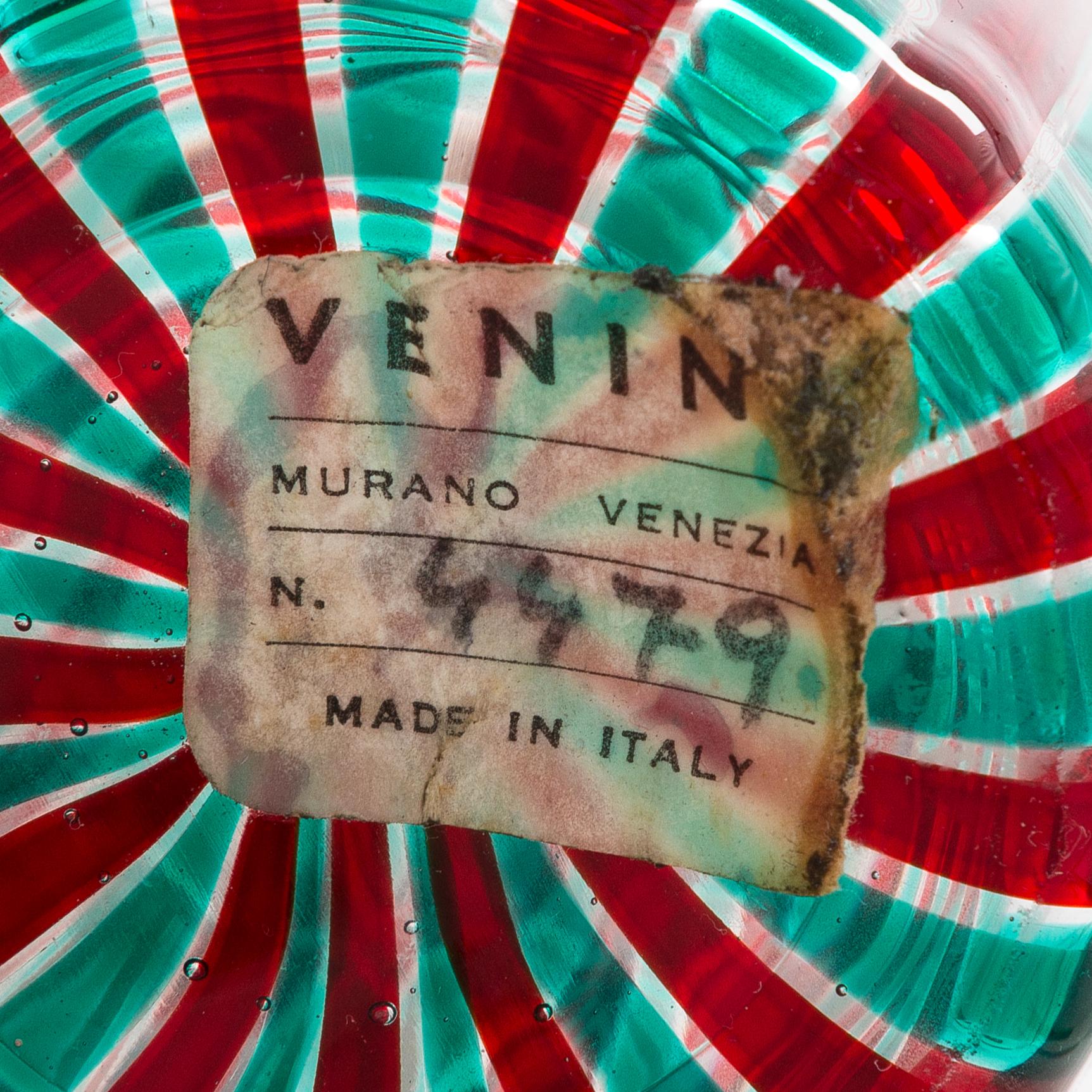 Paolo Venini, A canne bottle with stopper, labeled Venini No. 4479, Murano, Italy, 1950s.