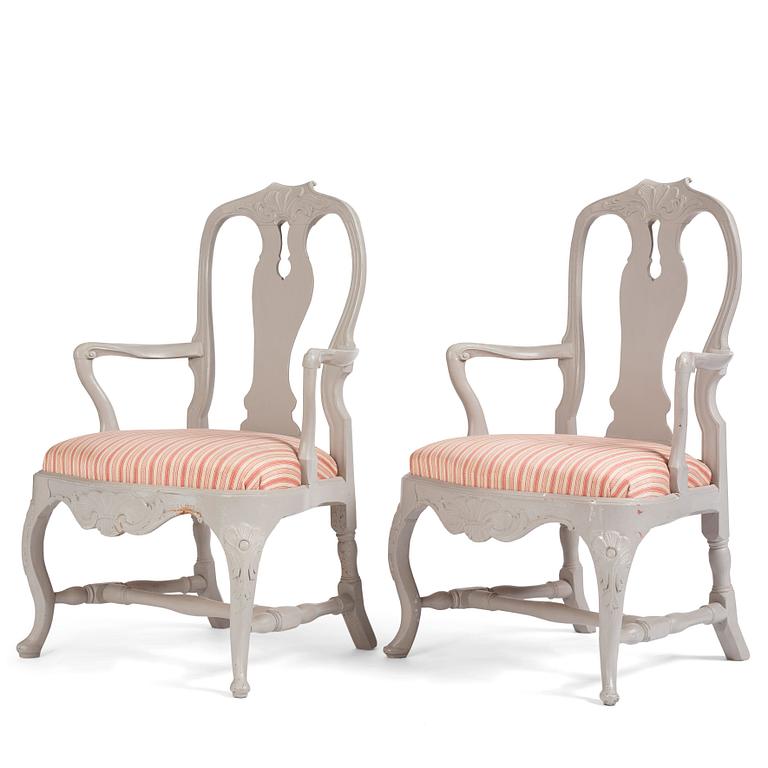 A pair of Swedish Rococo armchairs, Stockholm, 18th century.