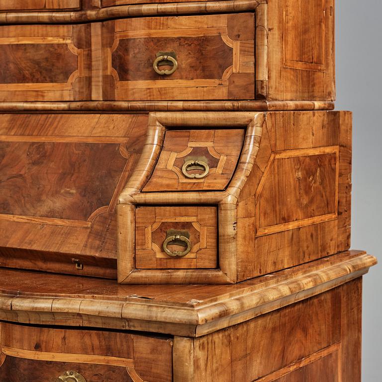 A South German late Baroque walnut and burr-walnut writing cabinet, first part of the 18th century.