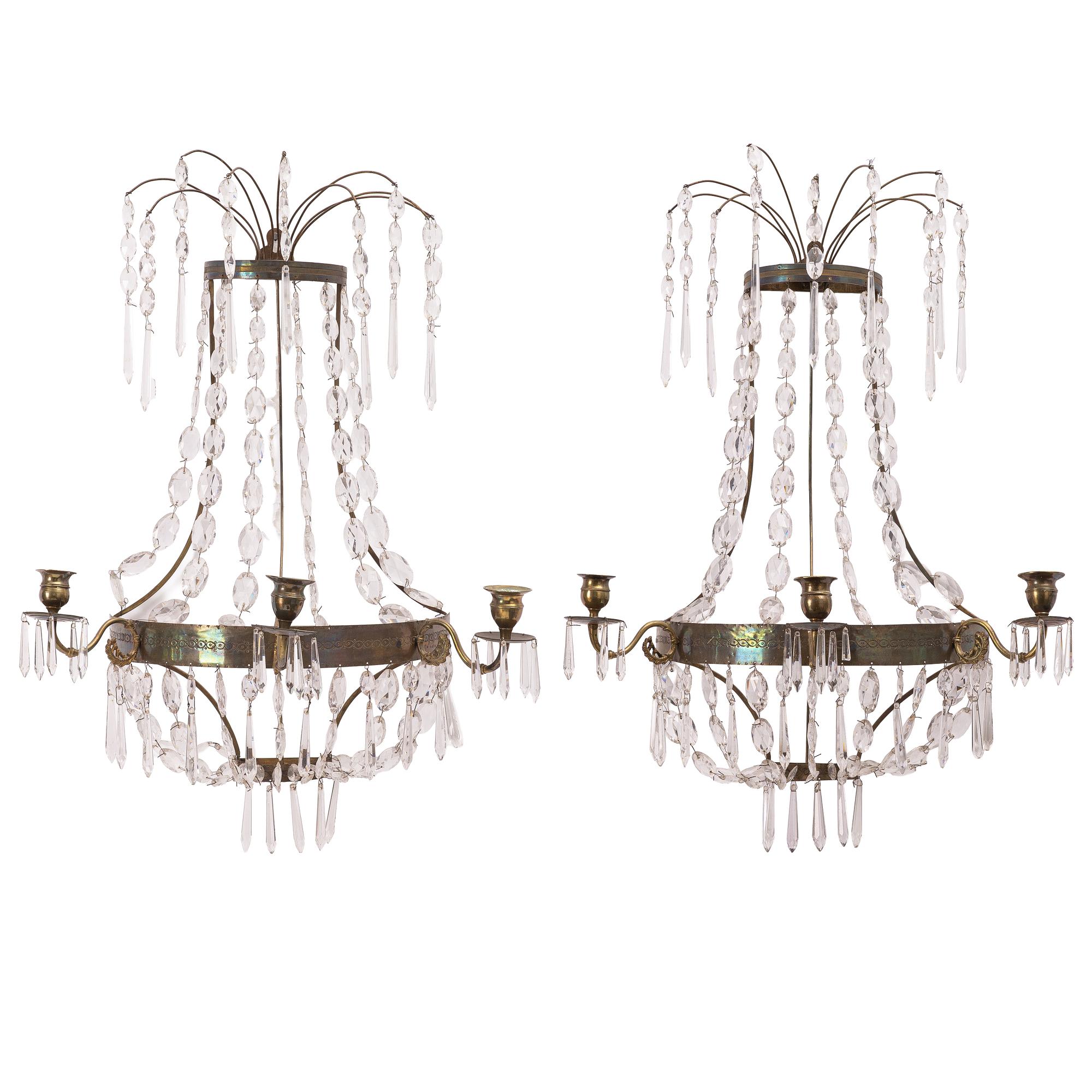 Wall lights, a pair, for three candles, 19th century, Empire style.