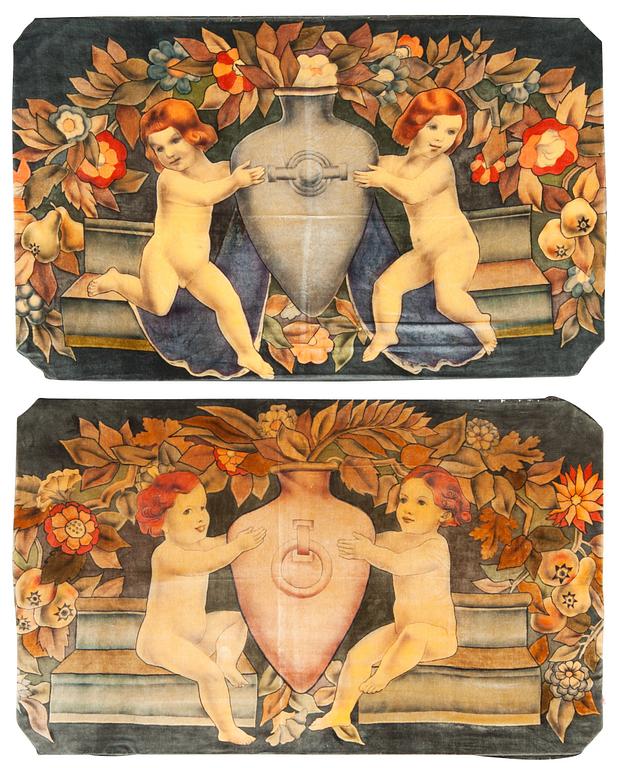 VELVET PAINTINGS, 1 pair. 73,5 x 120 cm each plus around 8 cm fold. Painted by Rudolf Gowenius around 1920-1930.