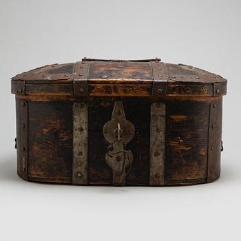 An wrought iron mounted pine box. Circa 1800.