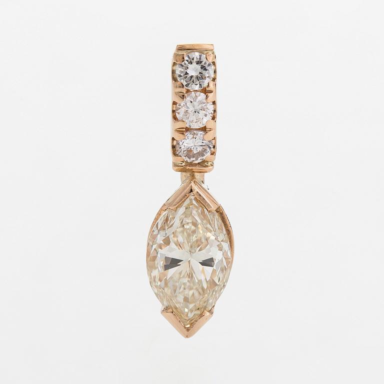 A 14K gold pendant, with a marquise-cut diamond approx. 1.00 ct and round brilliant-cut diamonds.