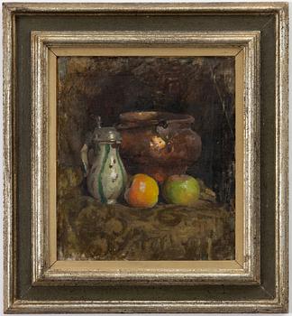 Esther Kjerner, Still life with a copper bucket, jug, and apples.