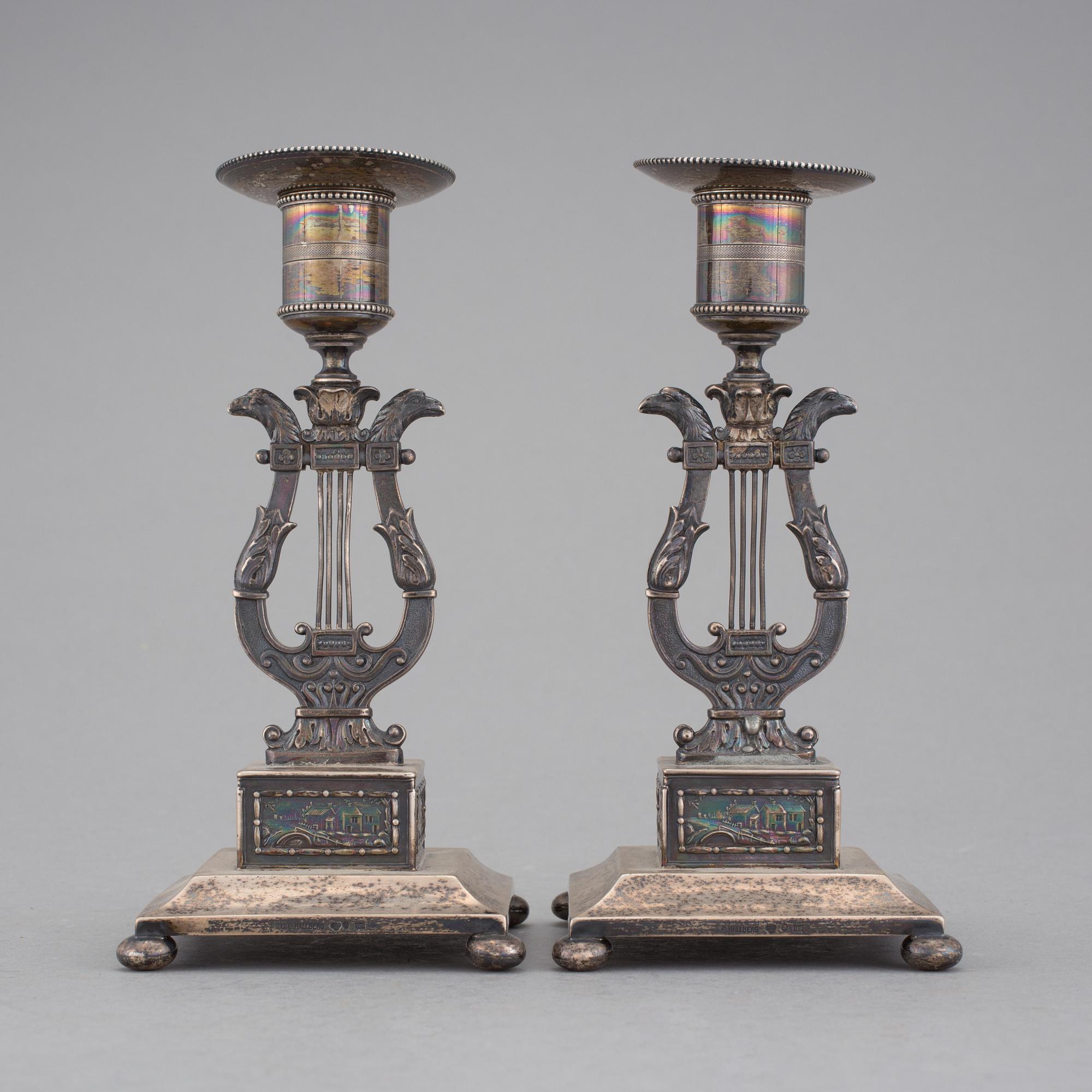LJUSSTAKAR, ett par, silver, empirestil, CG Hallberg, Stockholm, 1894. Vikt ca 455g.