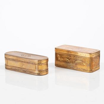 Two gilt-copper snuff boxes, France, 18th century.