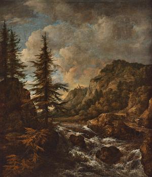 428. Jacob van Ruisdael, Landskap med vattenfall och i bakgrunden en klippa med en borg.