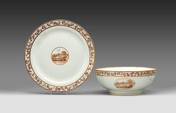 A pair of European subject famille rose punch bowls with stands, Qing dynasty, Jiaqing (1796-1820).