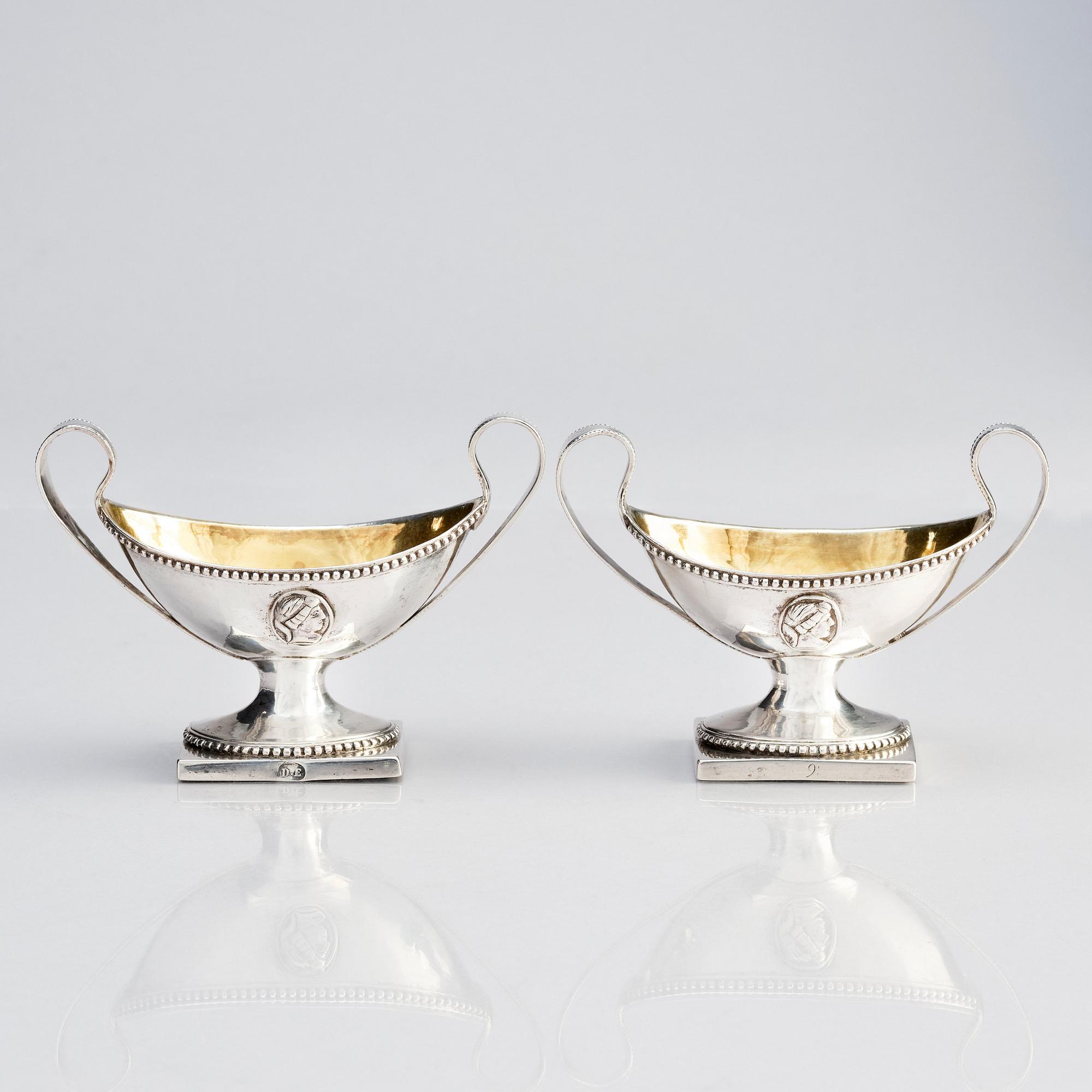 A pair of Swedish Gustavian 18th Century parcel-gilt silver salt cellars, mark of Petter Eneroth, Stockholm 1787.