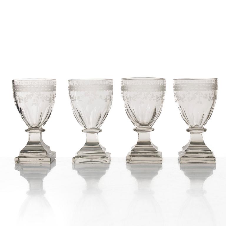 A set of seven Gustavian wine glasses, Sweden, late 18th century.