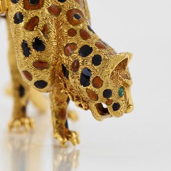 An 18K gold panther brooch set with round brilliant-cut diamonds, sapphires and emeralds.