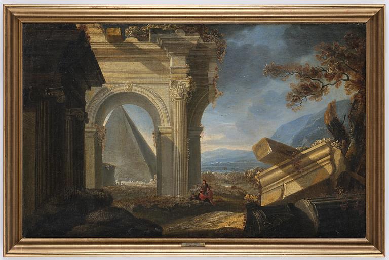 Giovanni Ghisolfi, follower of, Ruined landscape with resting figures.