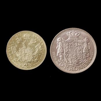 MYNT, 2 st, guld, 20 kroner Danmark 1909 resp  Österrike-Ungern 1915. Totalvikt ca 12,5 gram.