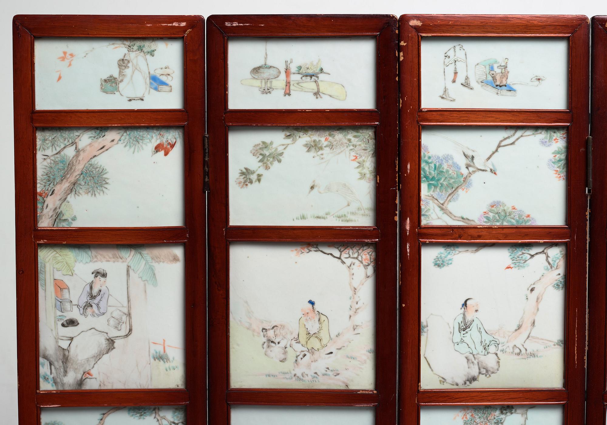 A Chinese folding screen with 48 porcelain tiles, late Qing dynasty, signed Ren Huanzhang, and dated 1881.