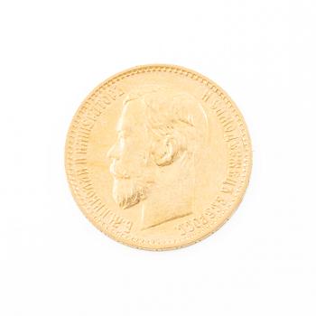 Guldmynt, Nikolaij II, Ryssland, 5 Rubel, 1899.