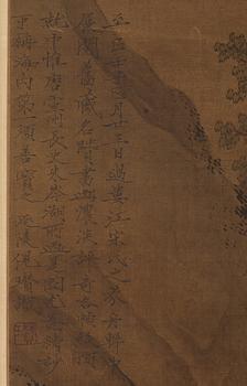 A hanging scroll of a landscape with figures, in the style of the Tang artist Zhu Niching, Qing dynasty, 19th century.