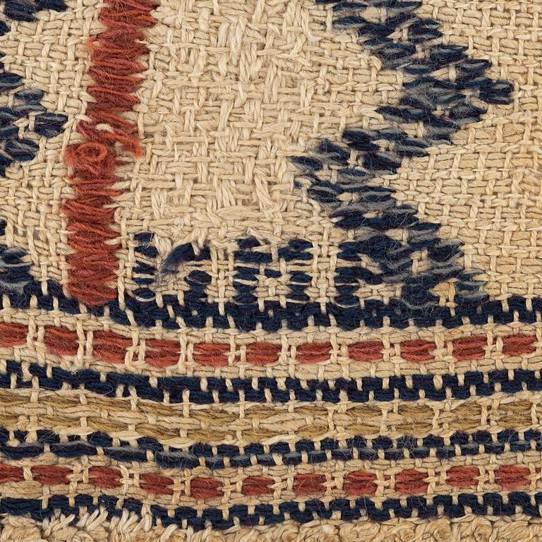 Märta Måås-Fjetterström, a textile, "Skaftblomman", flat weave, c 38 x 37 cm, signed MMF.