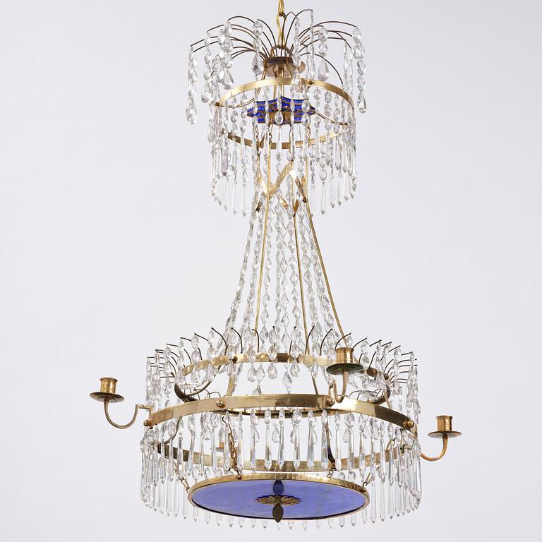 A late-Gustavian five-light gilt brass and cut glass chandelier, Stockholm, late 18th century.