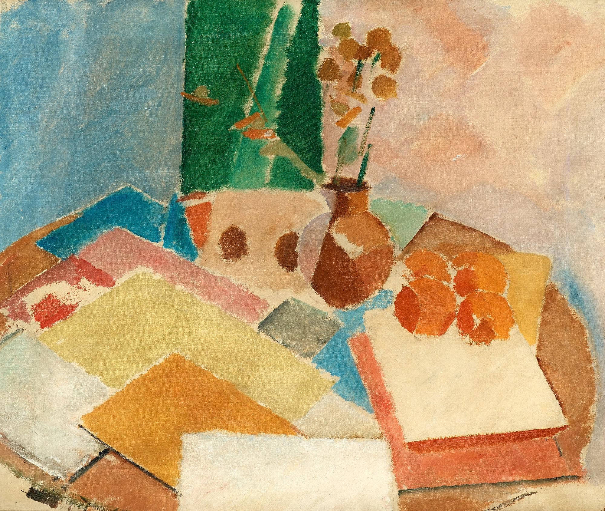 Karl Isakson, "Nature morte med blommor, frukter och böcker".