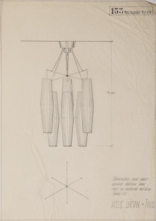 Hans Bergström, taklampa, modell "153/6", ateljé Lyktan, Åhus, 1940-50-tal.