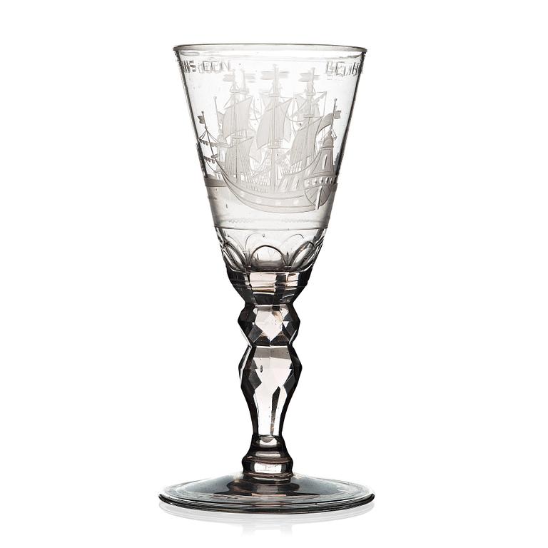 A Dutch cut and engraved wine glass, 18th Century.