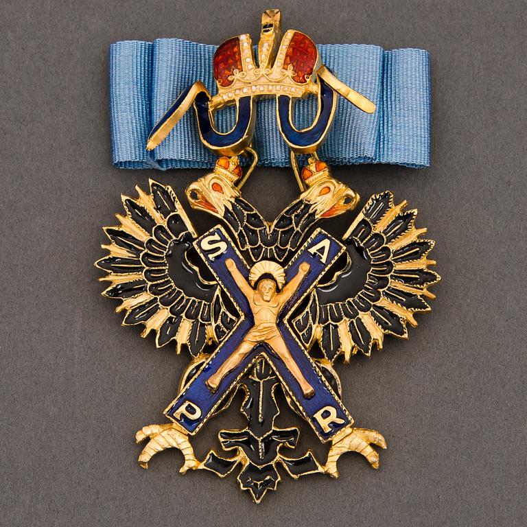 MITALI/RINTAKORU, kopio Venäjän Pyhän Andreaksen ritarikunnan merkistä, kullattua ja emaloitua pronssia, 1900-luvun lopp.