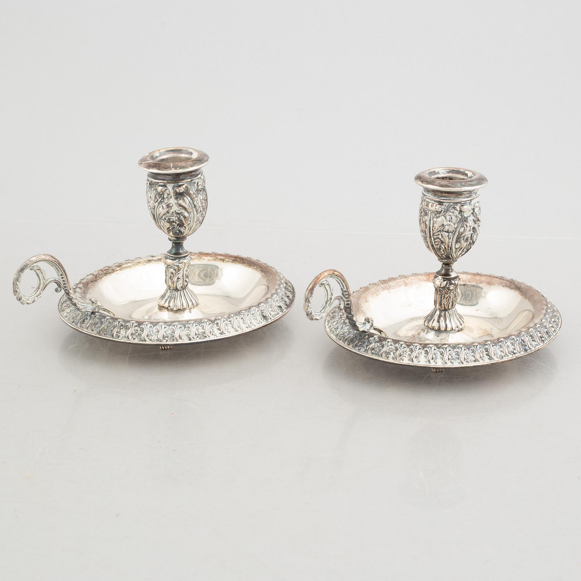 Nattljusstakar, ett par, silver, troligtvis omkring åt 1900/1900-talets första hälft.