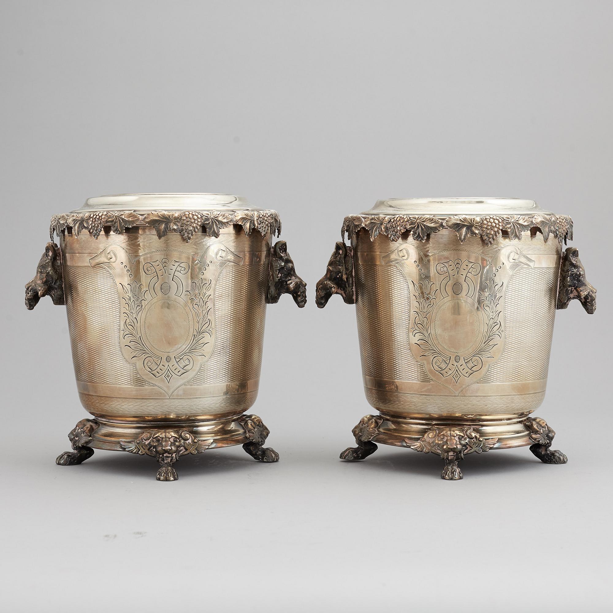 A pair of silver plate wine coolers, 20th Century.
