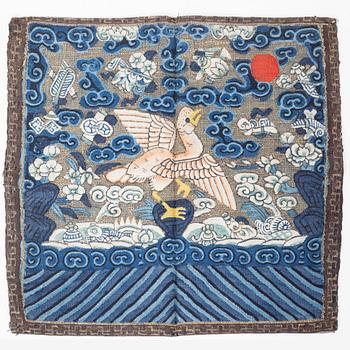 Two kesi silk and metal thread insignias/buzi, Qing dynasty, 19th century.